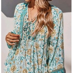 Womens Floral Bohemian Long Sleeve Blouse Babydoll sz L